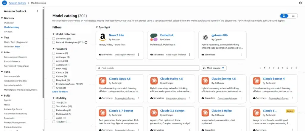 Amazon Bedrock UI showing many models available in the model catalog