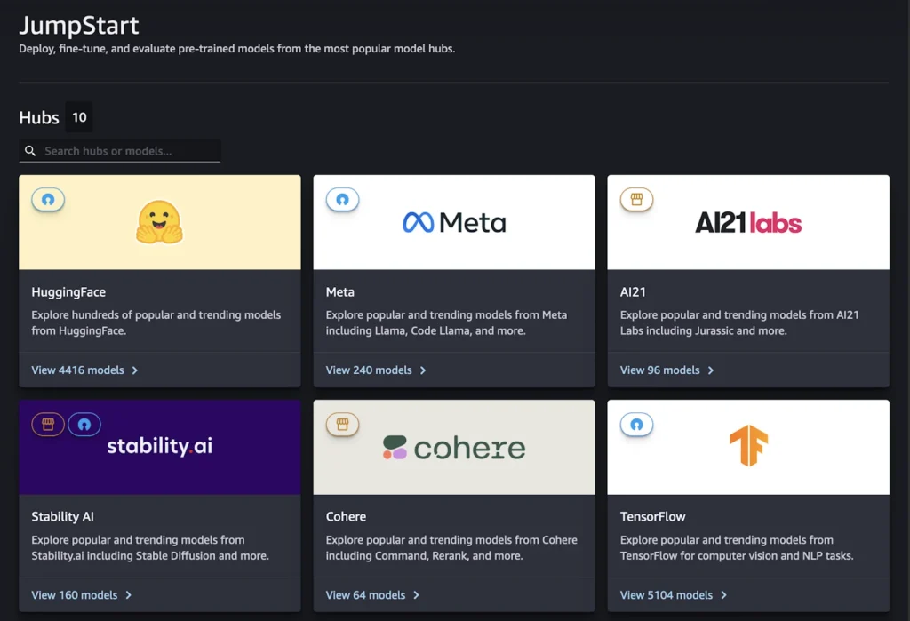 A screenshot showing some popular model providers in the SageMaker JumpStart UI