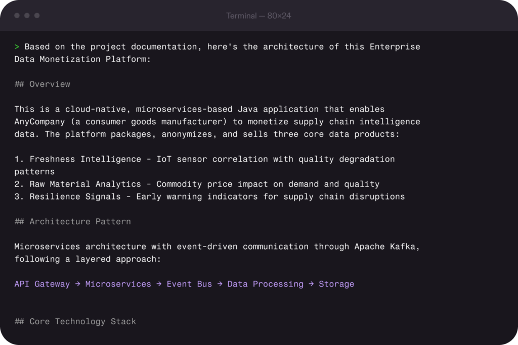 Kiro CLI, previously known as Amazon Q Developer, using tool integrations to read project documentation and plan code architecture.