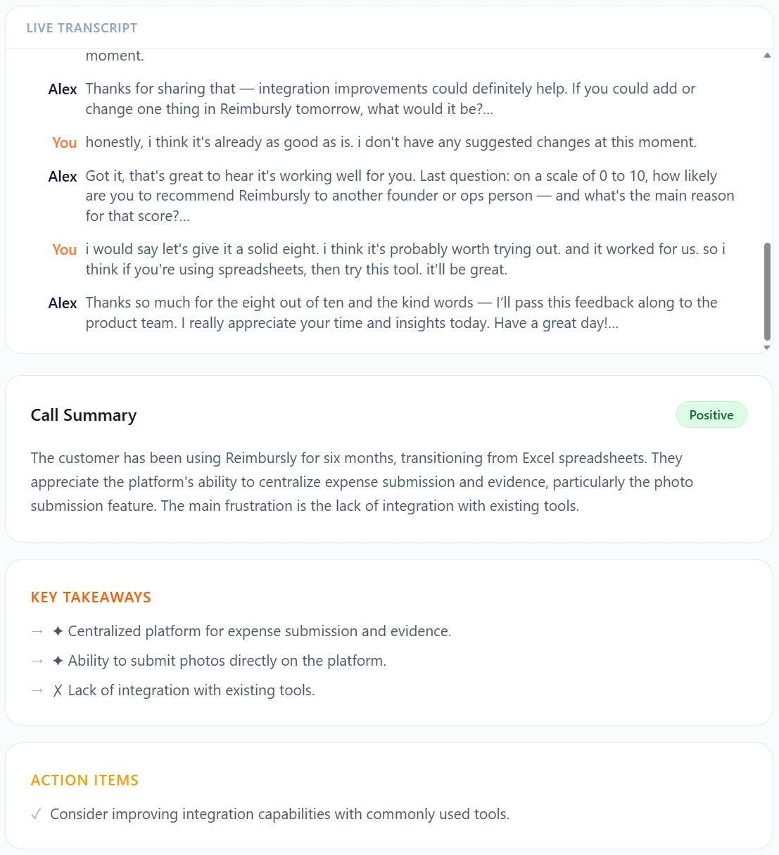 Post call summary screenshot